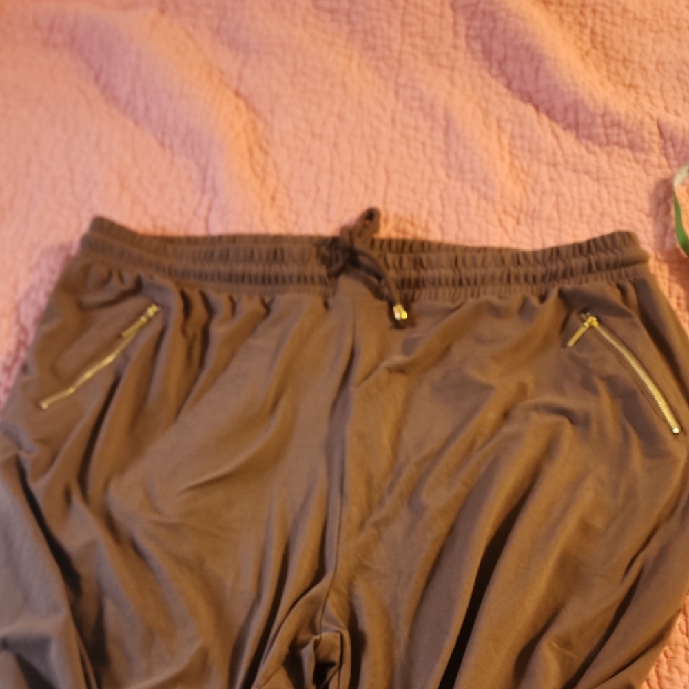 Womens Brown Elastic-Waist Jogger Pants with Zipper Pocket - Picture 3 of 7
